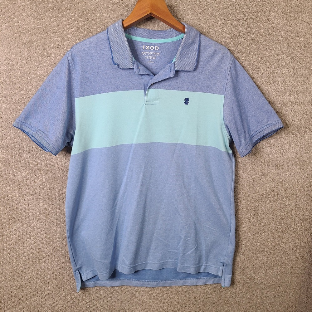 Izod Polo Men Large Blue Striped Advantage Performance Cotton Blend Short Sleeve